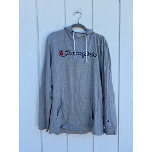 Champion Hoodie, Lightweight, Gray, Logo Front, Size Men's Large